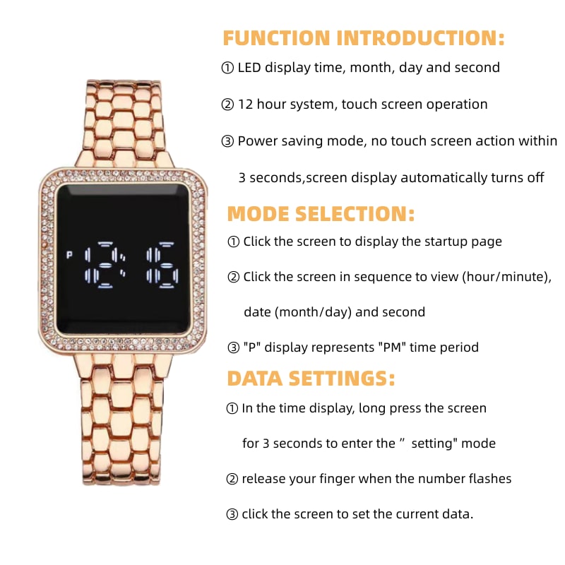 Square diamond inlaid led simple steel band watches touch wrist watch for man and women casual fashion trend electronic watchs