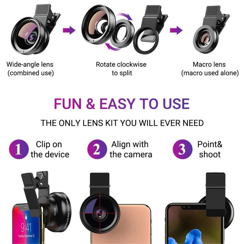 Wide-Angle Lens Distortionless 12.5x Macro 2-In-1 Selfie Phone External Lens