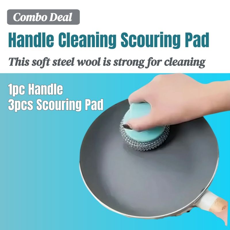（1pc Handle+3pcs Steel Wool）Handle Cleaning Scouring Pad Soft Stainless Steel Wool Detachable Handle Rust-Resistant Durable Pots Pans Utensils Kitchen Clean Household Essential