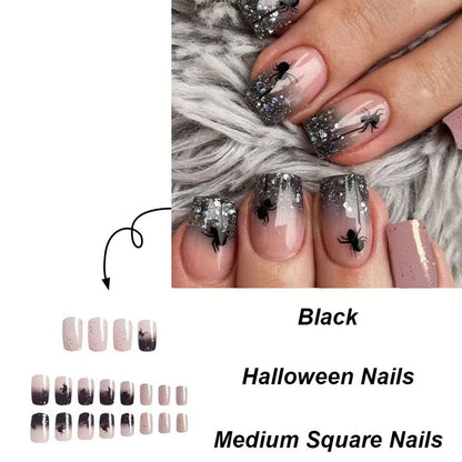 Halloween Square Armor Shining Spider Halloween Element Fake Nail Removable Finished Wear on Nail Holiday Nail Art