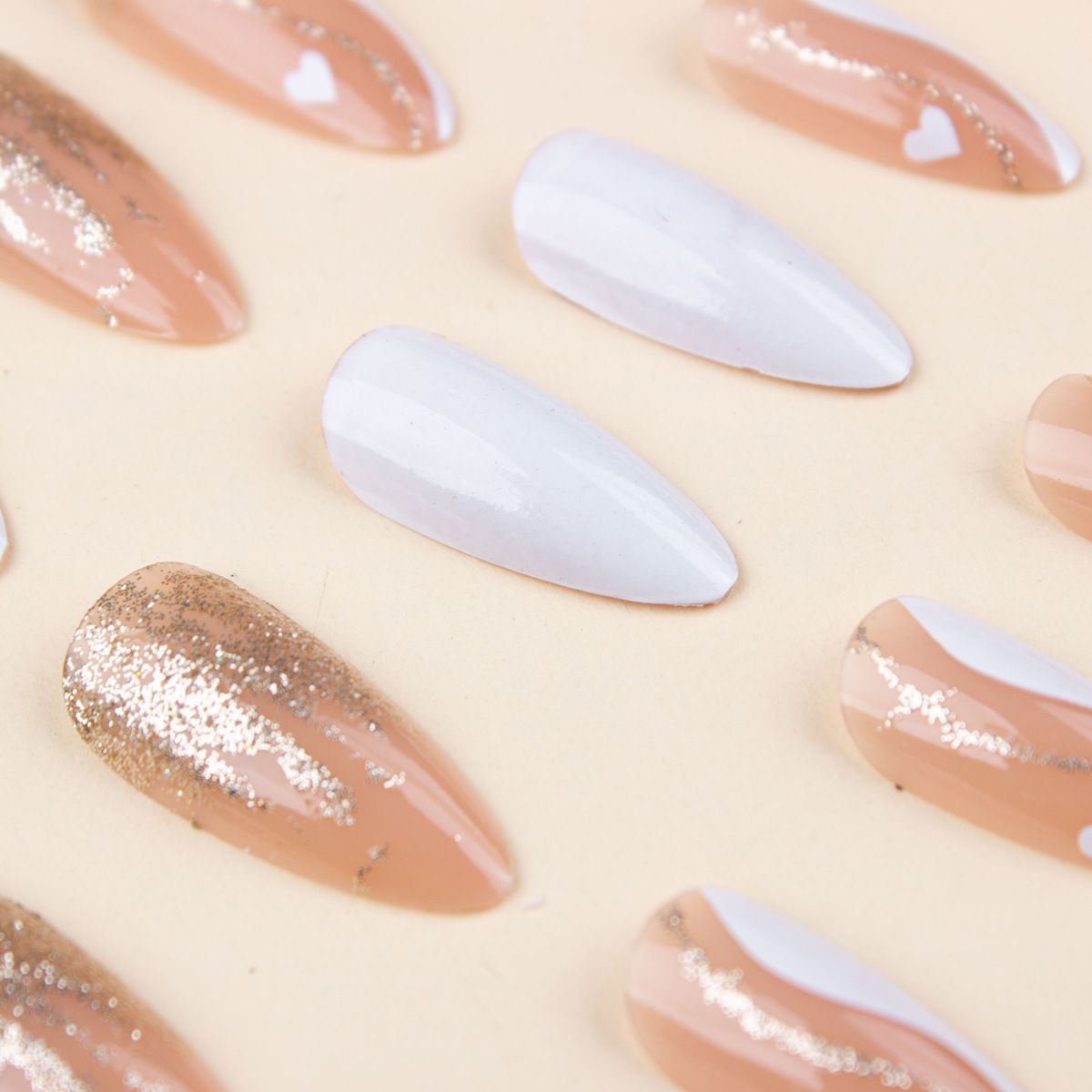 Valentine's Day long almond shaped platinum line nail art French white border wave leopard print gold powder wearing nail art heart-shaped nail art sheet