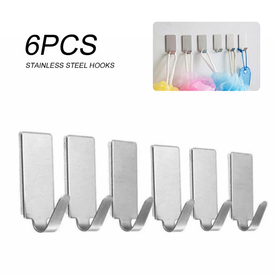 6 stainless steel wall hooks self-adhesive adhesive kitchen bathroom key bag coat rack storage rack kit non-marking kitchen door