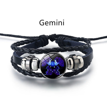 12 Constellation Men's and women's bracelet twelve constellation leather rope blue moonstone bracelet student hipster couple jewelry fashion men's models can be contracted and elongated