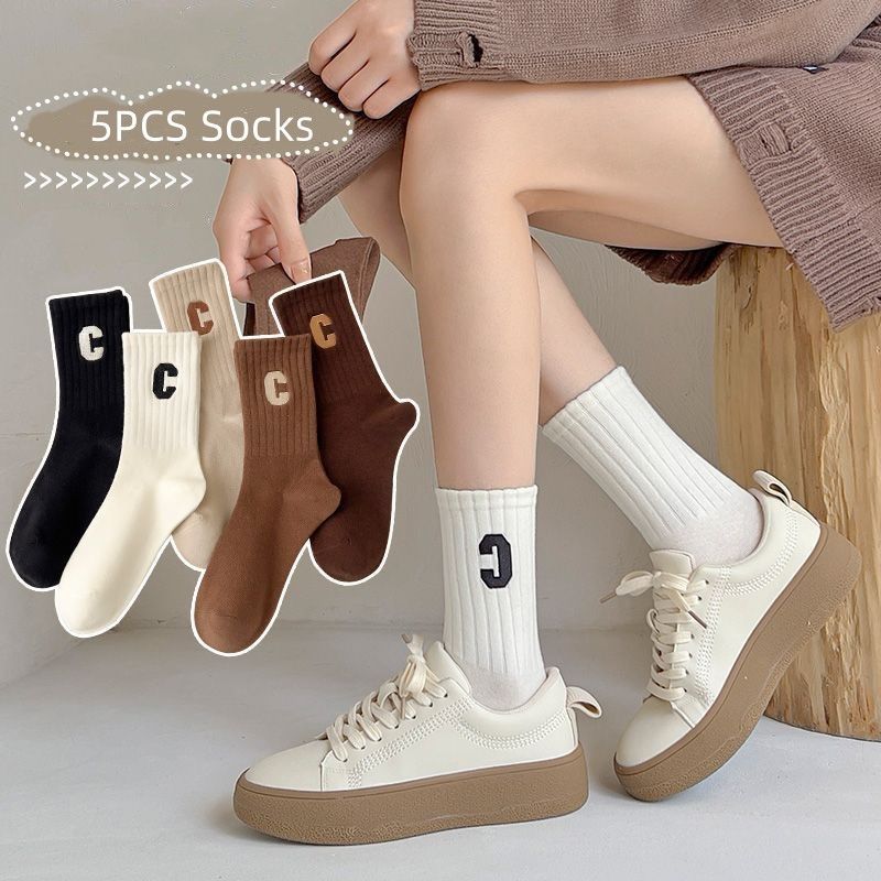 5 Pairs Of Socks Cotton Stockings Bling Ladies Trend All-fit Mid-tube Socks Autumn Winter Vertical Bar Letter Kinematic Growth Socks