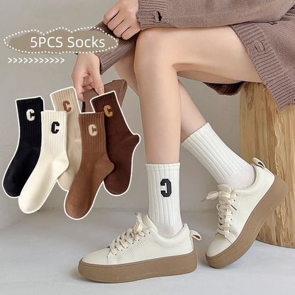 5 Pairs Of Socks Cotton Stockings Bling Ladies Trend All-fit Mid-tube Socks Autumn Winter Vertical Bar Letter Kinematic Growth Socks