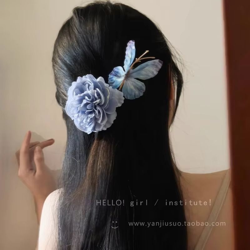 Fashion Simulation Butterfly Rose Pearl Hair Clip Luxury Retro Blue Flower Hair Accessory Hair Clips for Girls Women Bow Gift