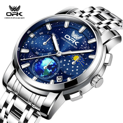 OPK Quartz Watches for Men Starry Sky Display Moon phase Multifunctional Stainless Steel Waterproof Luxury Mens Watch