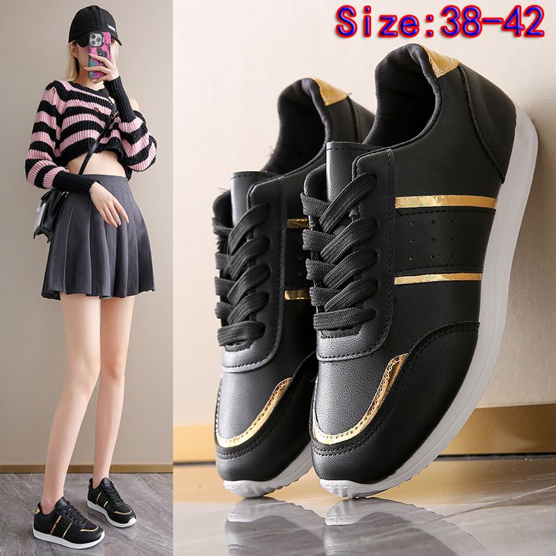 Size 38-42 women's PU artificial leather shoes students black shoes ladies running shoes girls board shoes athletic flat fashion casual sports shoes black golden