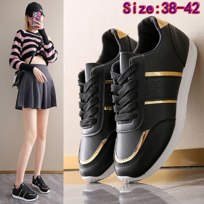 Size 38-42 women's PU artificial leather shoes students black shoes ladies running shoes girls board shoes athletic flat fashion casual sports shoes black golden