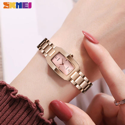 SKMEI Women Watch Rectangle Dial Elegant Quartz Japanese Lady Wristwatches Golden Stainless Steel Bracelet Watches