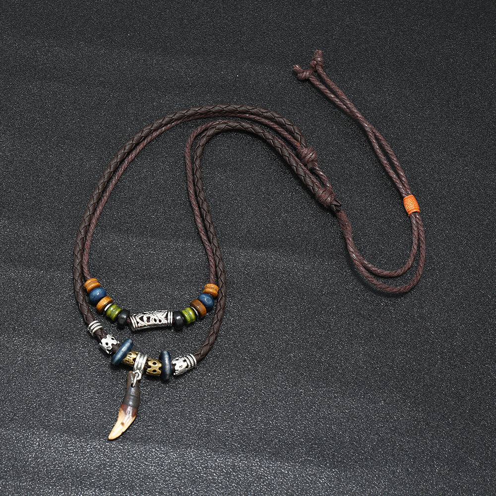 Men Bohemian Wolf Tooth Pendant Necklace Woven Vintage Handmade Cross Beads Stylish Tribal Design Tooth Rope Necklace Jewelry