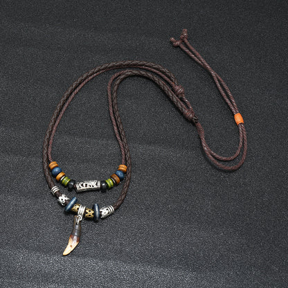 Men Bohemian Wolf Tooth Pendant Necklace Woven Vintage Handmade Cross Beads Stylish Tribal Design Tooth Rope Necklace Jewelry