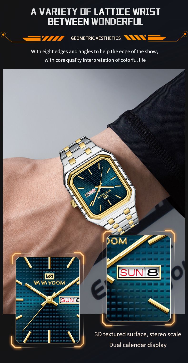 New Business Casual Men's Watch Waterproof Simple Fashion Luminous Square Gradient Gold Steel Belt Men's Brand Watch