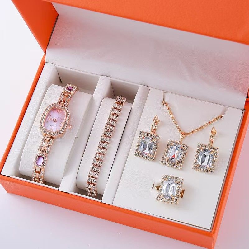 Ladies'Watch Square Inlaid Diamond Steel Strap Ring Necklace Earrings Double Row Full Diamond Bracelet Set Exquisite Elite Elegant Ladies' Casual Diamond Quartz Watch Jewelry Set For Gift Daily Wear
