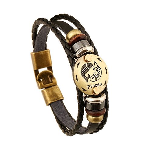 12 Constellations Multi-layer Leather Cuff Chain Lucky Charm Fashion Bronze Alloy Buckles Bracelets