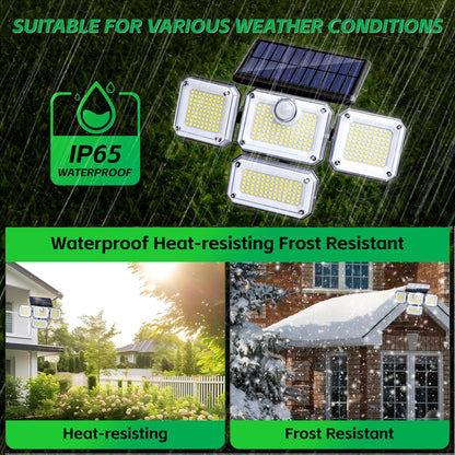 Solar Wall Lamp, 4-Head Solar Power Light, 333 LED Solar Light, Wireless Flood Lights Outdoor，3000 Lumens, 6500K, Motion Sensor, IP65 Waterproof, 270° Lighting Range for Street, Garden, Pathway