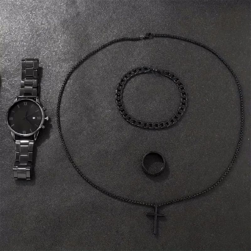 4PCS Men Business Watches Fashion Black Steel Band Male's Calendar Quartz Watch Relogio Masculino Jewelry Set