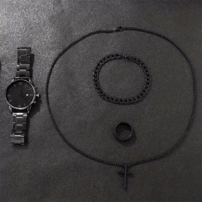 4PCS Men Business Watches Fashion Black Steel Band Male's Calendar Quartz Watch Relogio Masculino Jewelry Set