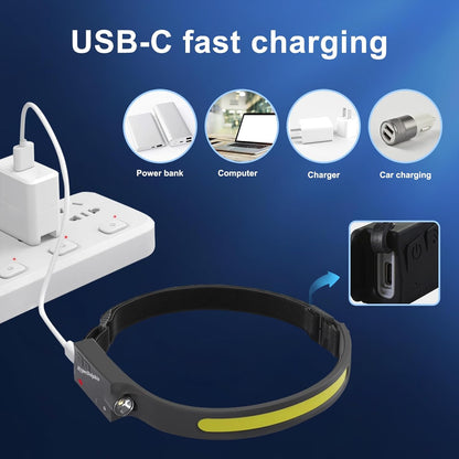 1pcs LED Headlamp Rechargeable Flashlight for Adults, 230 Wide Beam Headlight, Motion Sensor Head Lamp, Adjustable Headband Outdoor Waterproof Head Light for Running, Camping, H