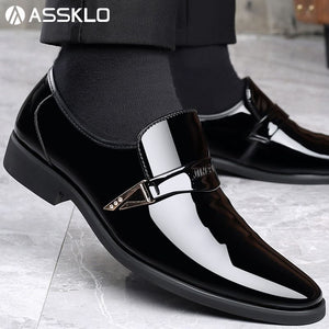 ASSKLO Business formal leather shoes exhibition increased height breathability resistance durability wedding groom's pointed toe slip on loafers dress shoes shiny Black [choose bigger size]