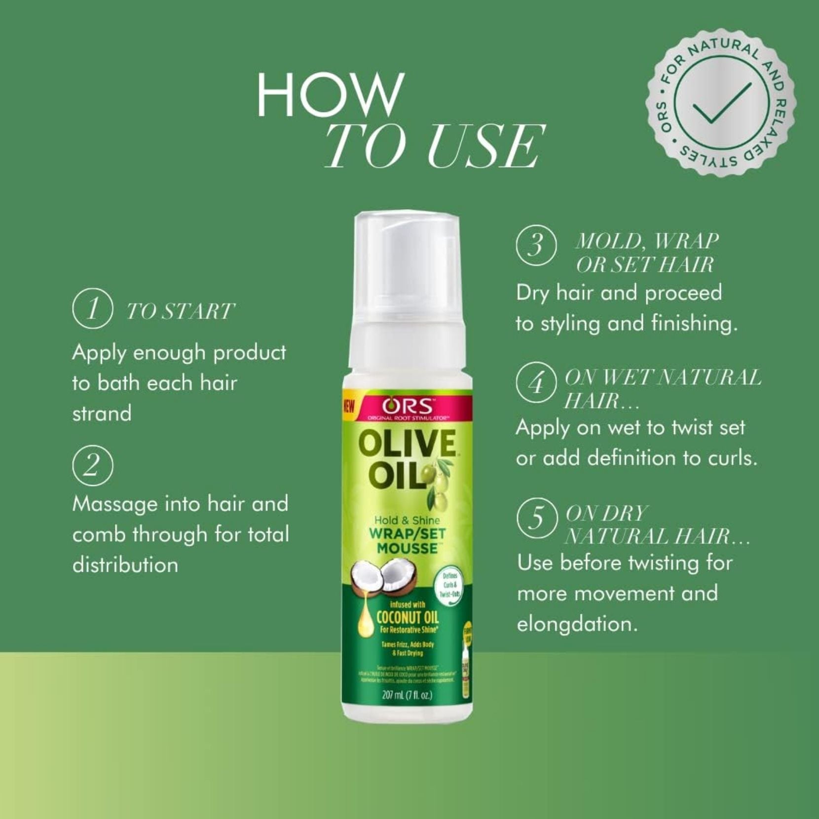 ORS Olive Oil Hold & Shine Wrap/Set Mousse with Coconut Oil Tames Frizz, twists and defines curls