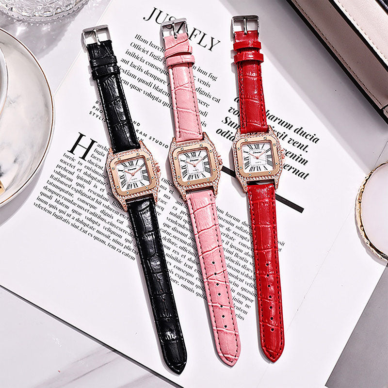 Women Diamond Watch Starry Square Dial Bracelet Watches Set Ladies Leather Band Quartz Wristwatch Female Clock Jewelry Gifts With Rhinestone Valentines Gift Couple Watches