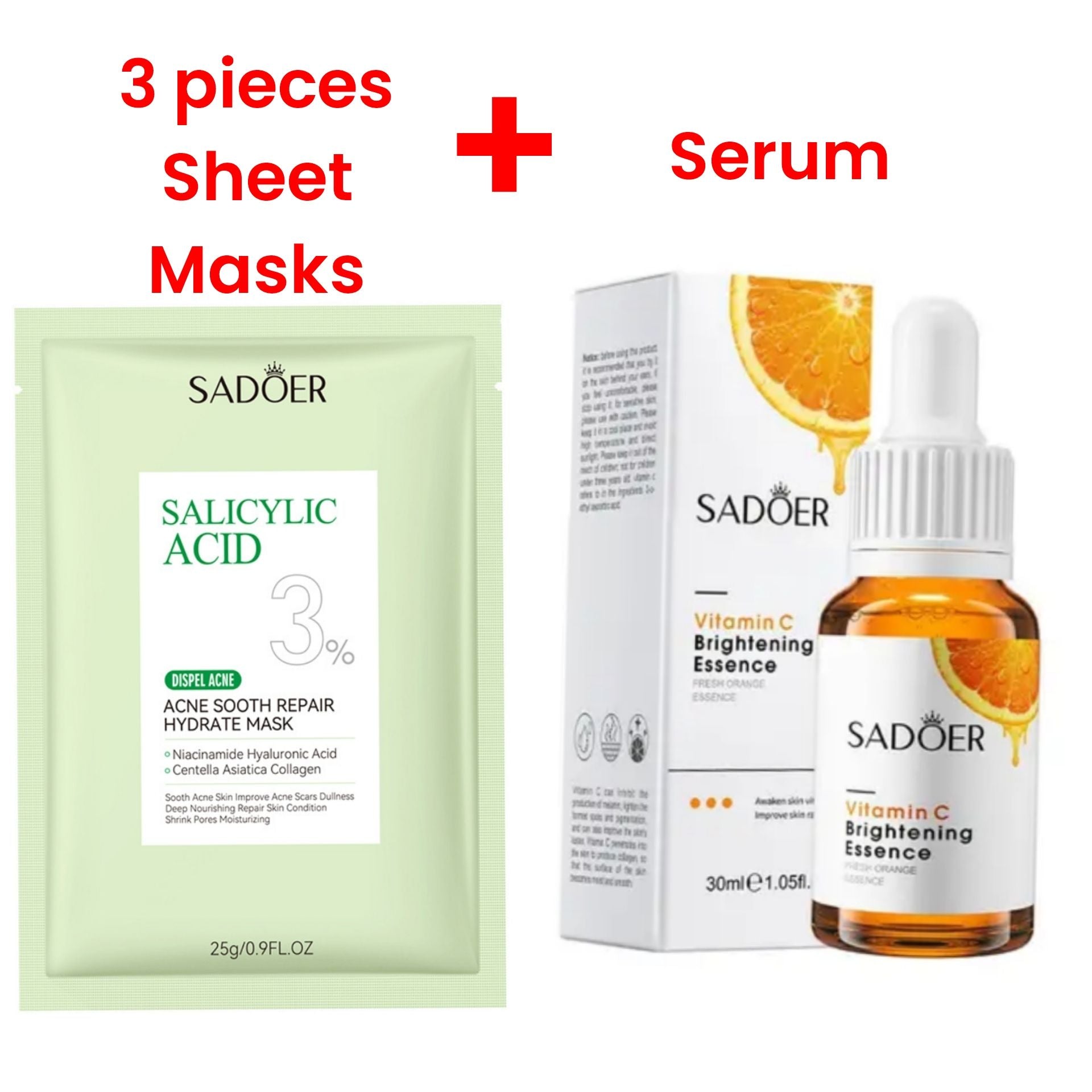 4 in 1 Sadoer Vitamin C Face Brightening Serum + 3 PCS Salicylic Acid Sheet Masks - Vitamin C Essence Serum Mabox alternative Moisturizing Serum For Radiant Skin Acne Repair Hydrate Mask