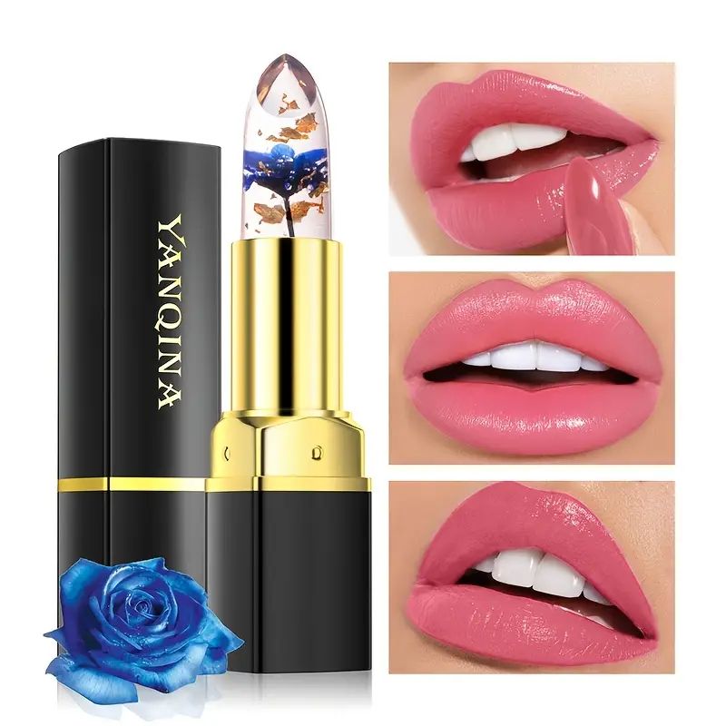 Rose Temperature Color Changing Lipstick Long Lasting Flower Jelly Lipstick Waterproof Lip Balm Non-stick Cup Non-fading Lip Gloss with Moisturizing and Glowing Effects