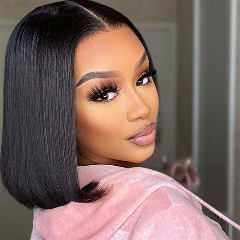 Women Black Middle Parted Short Straight Bobo Hair Wigs Synthetic High Temperature Silk Wigs