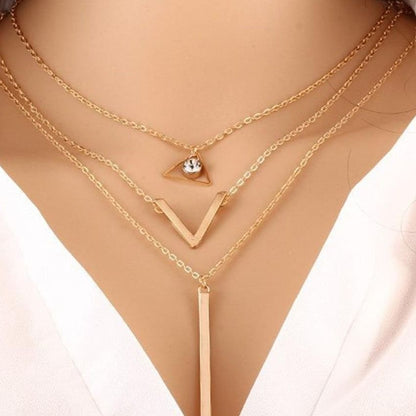 Multi-layer Metal Triangle Fashion Crystal Sequin Necklace for Women Temperament Trend Pendant Clavicle Chain