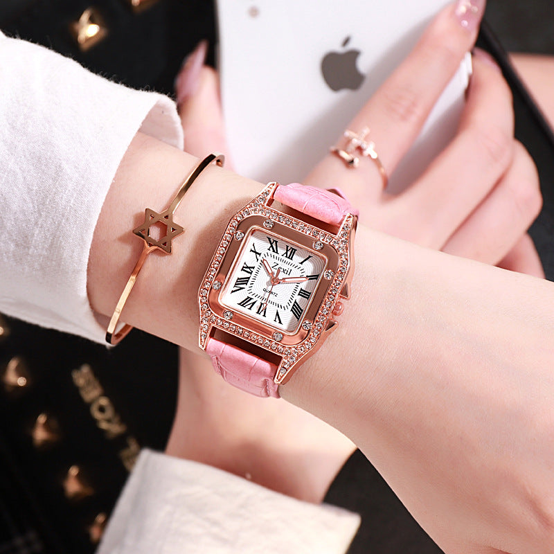 Women Diamond Watch Starry Square Dial Bracelet Watches Set Ladies Leather Band Quartz Wristwatch Female Clock Jewelry Gifts With Rhinestone Valentines Gift Couple Watches