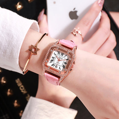 Women Diamond Watch Starry Square Dial Bracelet Watches Set Ladies Leather Band Quartz Wristwatch Female Clock Jewelry Gifts With Rhinestone Valentines Gift Couple Watches