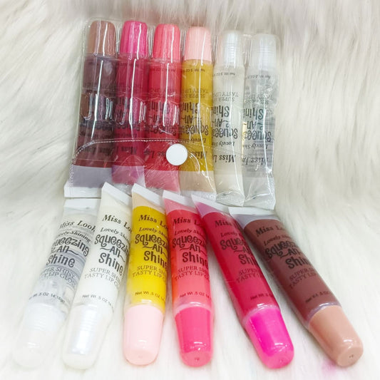 6 PCs Squeeze N Lovely / Shine Lip Gloss , Clear to Colored Tasty and Super Shiny Lipgloss - Miss Look