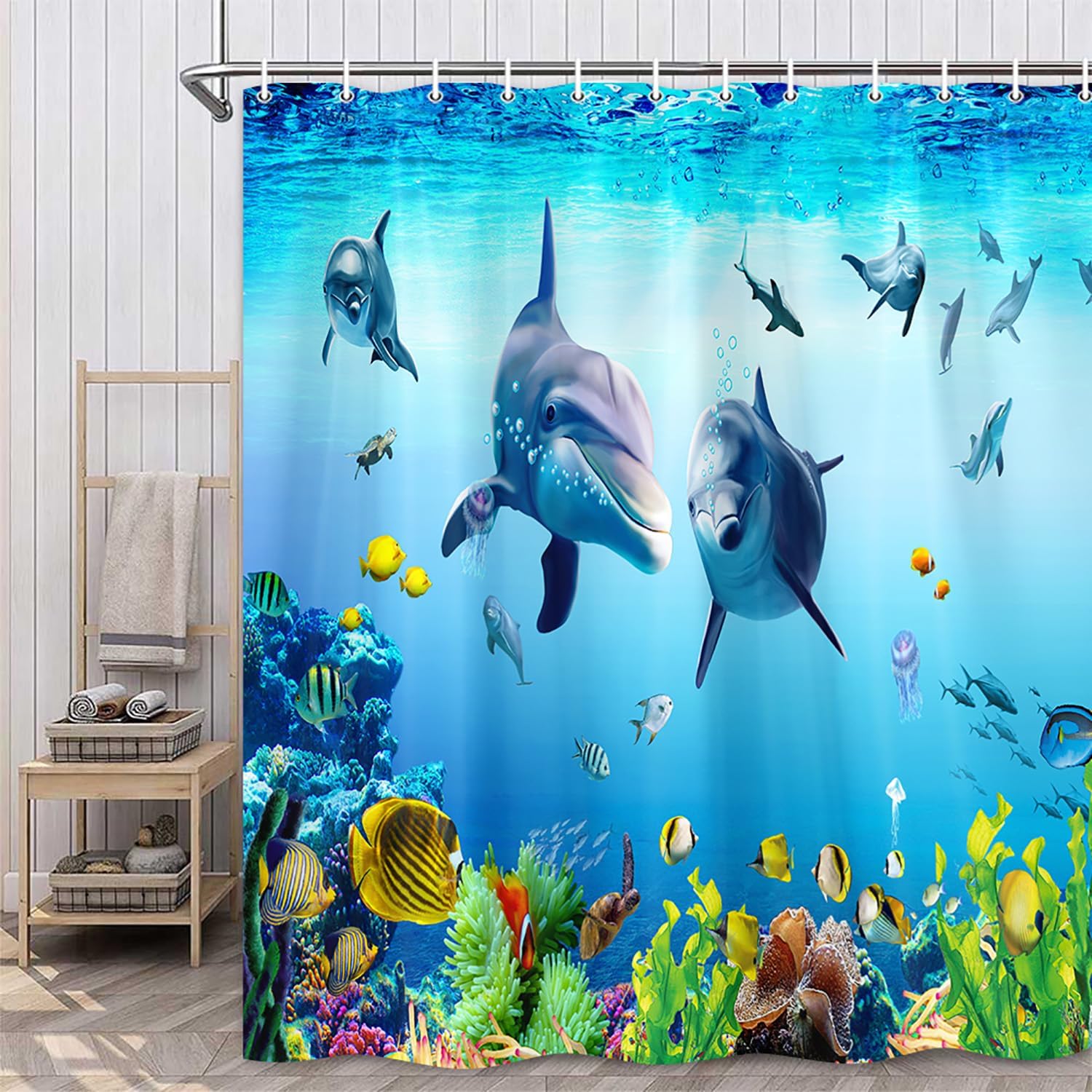 1PCS Dolphin Shower Curtain Shower Curtains Blue Ocean Wildlife Theme Bathrooms Shower Curtains Waterproof