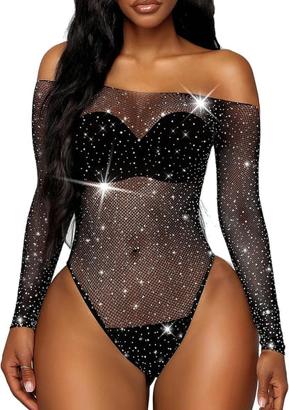 Women Sparkle Sexy Bodysuit Fishnet Rhinestone Sheer Teddy Lingerie Leotard Top Bodystocking Mesh Nightclub Sleeves Sleepwear Nightwear for Couple Sex