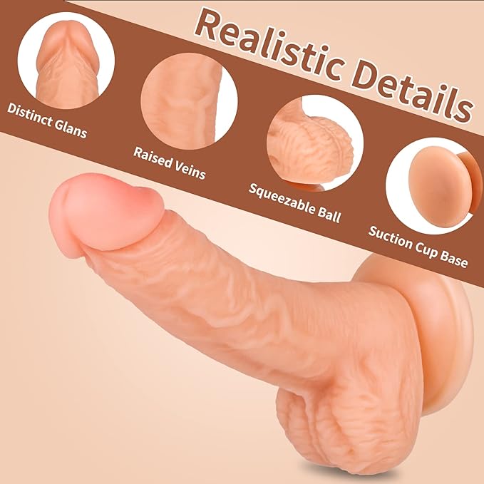 Realistic Dildos, 7.3 Inch Dildo with Suction Cup for Hands-Free, Flexible Cock with Curved Shaft and Balls for Vaginal G-spot and Anal Play, Adult Sex Toy for Male & Female, Couples