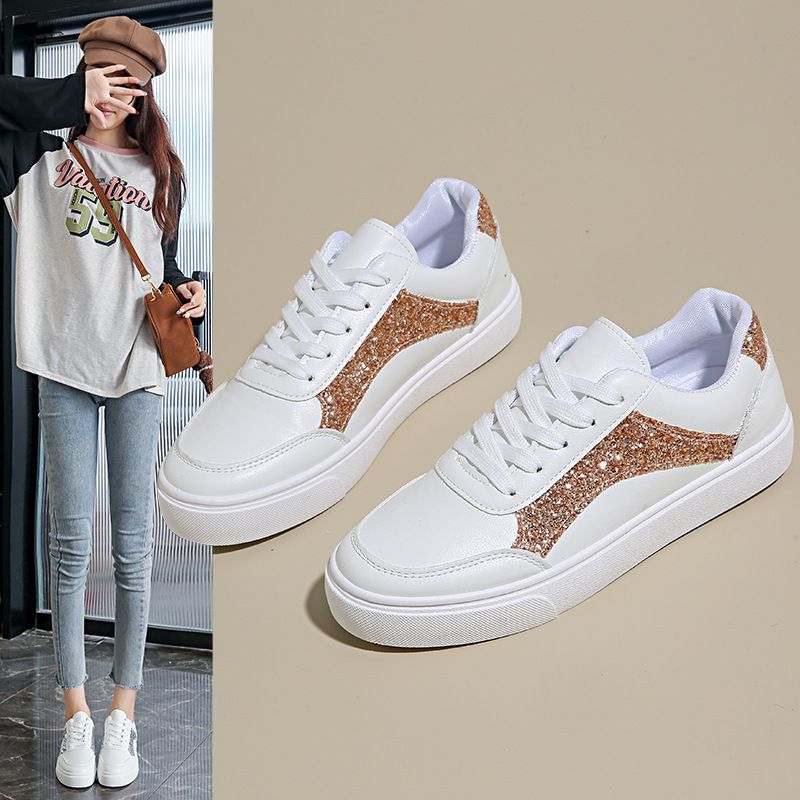 Size 38-41 Women's PU artificial leather white shoes ladies fashion sports athletic students running sneakers girls flat casual lace-up board shoes white +golden