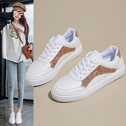 Size 38-41 Women's PU artificial leather white shoes ladies fashion sports athletic students running sneakers girls flat casual lace-up board shoes white +golden