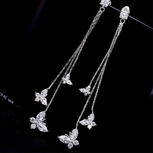 1-pair 925 silver electroplating earrings stu long tassel zircon three butterfly earrings fashion lady style