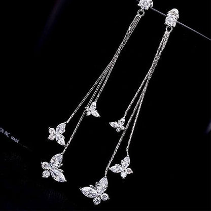 1-pair 925 silver electroplating earrings stu long tassel zircon three butterfly earrings fashion lady style