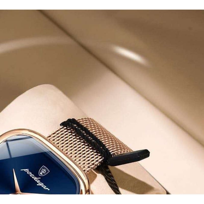 POEDEGER Design Women’s Luxury Blue Dial Rose-Gold Mesh Watch – Minimalist Square Case, Quartz Movement, Stainless-Steel Milanese Strap, Small Seconds Sub-Dial, Gift Box, Elegant Dress Wristwatch