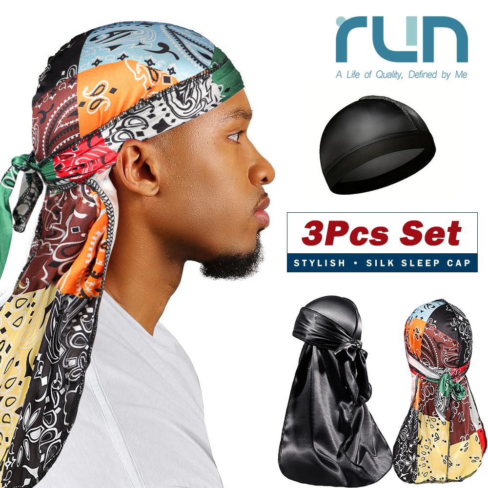 3 Pcs Silk Silky Durag Set for Men and Women Waves Doo Rag Long Tail Headwrap Silky Wave Durag Chemo Cap Satin Doo Rag for 360 Waves
