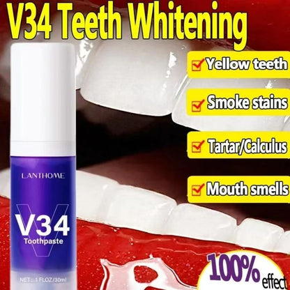 V34 Purple Whitening Toothpaste Remove Stains Teeth Whitening Reduce Yellowing Care For Teeth Gums Fresh Breath Brightening Teeth