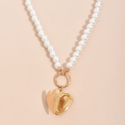 Pearl chain can open peach heart pendant necklaceJewelry fashion personality style Gold as picture Amazon hot-selling