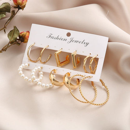 6 pairs of earring set New vintage pearl earrings set 6 pairs of stylish personality creative metallic earrings several shape earrings for women
