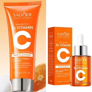 Sadoer 2 in 1, Skin Active 5 X Vitamin C Serum + Vitamin C Face Cleanser + with Added Niacinamide for Whitening Black Spots and Blemisshes, Deep Moisturizing, Skin Nourishing