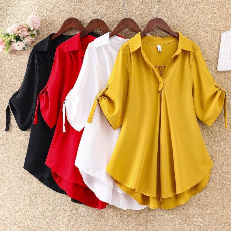 1 PC Medium To Long Shirt Short Sleeve Top Lady Shirt Short Sleeved Chiffon Shirt For Women In Plus Size Loose Fit Waist Cinching Slimming Chiffon Top Lady Wear Trendy