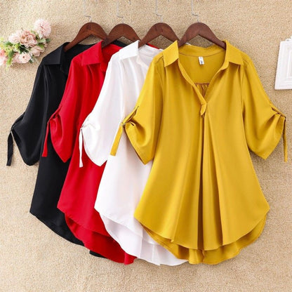 1 PC Medium To Long Shirt Short Sleeve Top Lady Shirt Short Sleeved Chiffon Shirt For Women In Plus Size Loose Fit Waist Cinching Slimming Chiffon Top Lady Wear Trendy