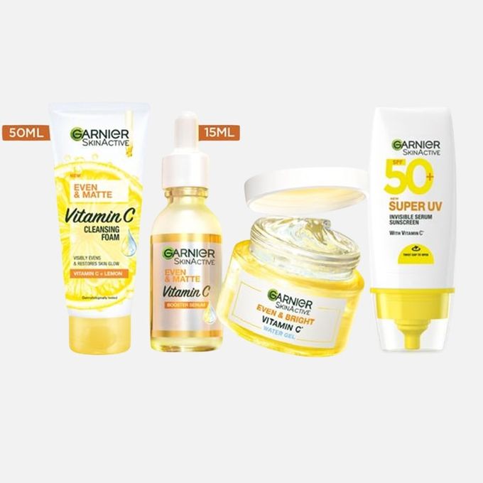 【Hot Deal】Garnier Even & Matte Even Glow Mini-Routine Kit: Super UV SPF 50 Sunscreen + Water Gel Glow Moisturizer + Day Serum 15ml + Cleanser 50ml.