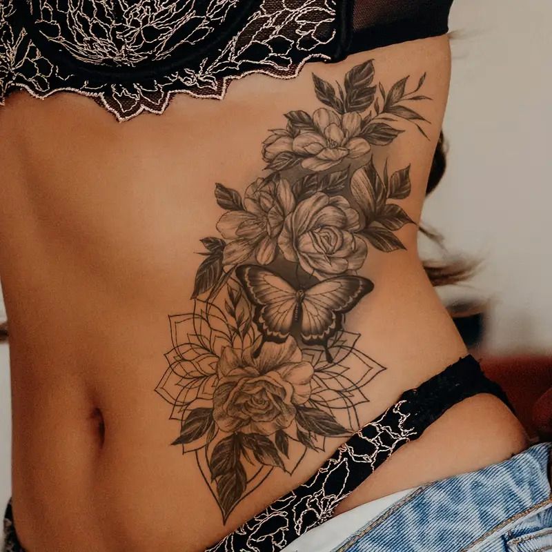 6 Pcs Waterproof Black Flower Pattern Body Tattoo Stickers - Durable, Long-Lasting for 3-5 Days, Suitable for Men and Women on Arm, Chest, Tummy, Back